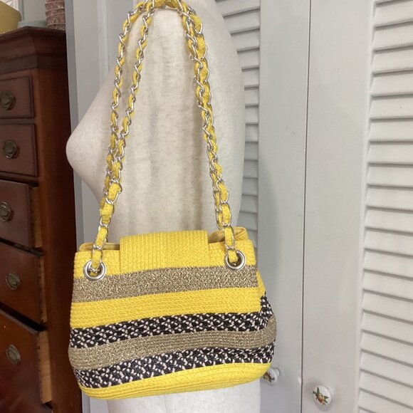 NWT Woven Yellow & Brown Striped Straw Shoulder Bag With Silver Chain Strap & Tu - Picture 12 of 13